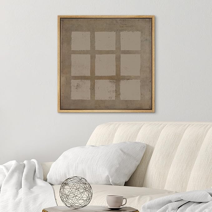 SIGNWIN Framed Canvas Print Wall Art Geometric Mid-Century Grunge Square Pattern Abstract Shape Illustrations Modern Art Decorative Relax Nordic for Living Room, Bedroom, Office - 16"x16" Natural