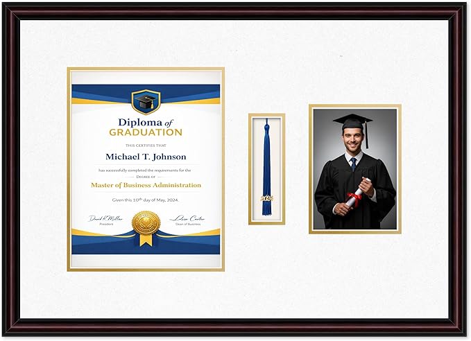 Diploma Tassel and Photo Frame Executive Brown Shadowbox Oyster Shell Over Gold Mat - Fits 8.5 x 11 Degree Picture Made in the USA