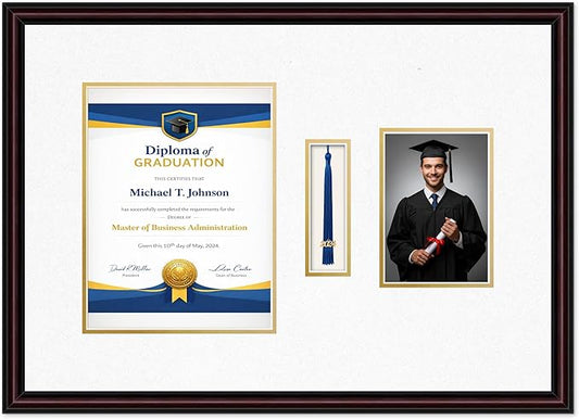 Diploma Tassel and Photo Frame Executive Brown Shadowbox Oyster Shell Over Gold Mat - Fits 8.5 x 11 Degree Picture Made in the USA