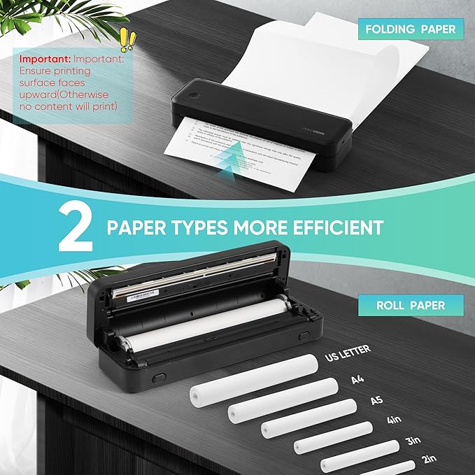 Portable Thermal Printer for Travel, Wireless Bluetooth Inkless Mini Printer w/ 300DPI , Supports 8.5" x 11" US Letter, Legal, A4 & A5 Paper, Compatible w/ Android, iOS, Laptop for Home, Office Use