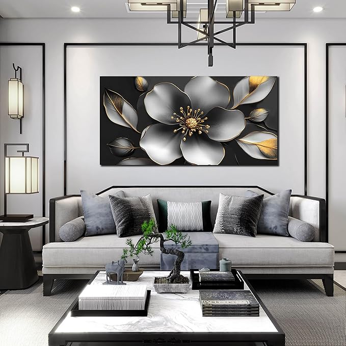 Large Canvas Wall Art for Living Room Bedroom Home Office Grey Metal Color Flower Picture Modern Canvas Prints Framed Wall Decor Size 29x59