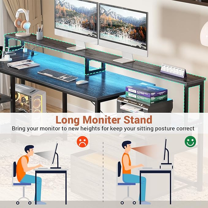 Aheaplus L Shaped Desk with File Drawer, 72.8" Reversible L Shaped Computer Desk with Power Outlet & LED Strip, Gaming Desks with Monitor Stand, Corner Office Desks with Storage Shelf, Grey Oak