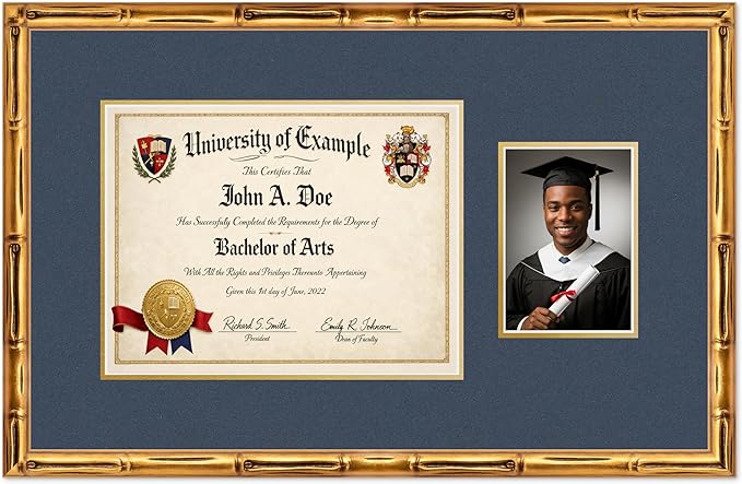 CountryArtHouse Fits 13 x 10 College Diploma (Traditional) and 5 x 7 Photo Diploma and Photo Frame Gold Bamboo Genuine Hardwood with Navy Blue Over Metallic Gold Double mat