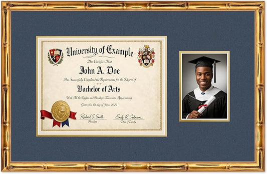 CountryArtHouse Fits 13 x 10 College Diploma (Traditional) and 5 x 7 Photo Diploma and Photo Frame Gold Bamboo Genuine Hardwood with Navy Blue Over Metallic Gold Double mat