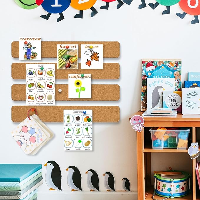6 Pack Corkboard Strips for Walls, Self Adhesive Thick Cork Board Strips, Peel and Stick Cork Board with 50 Push Pins for Paste Notes, Photos, Schedules