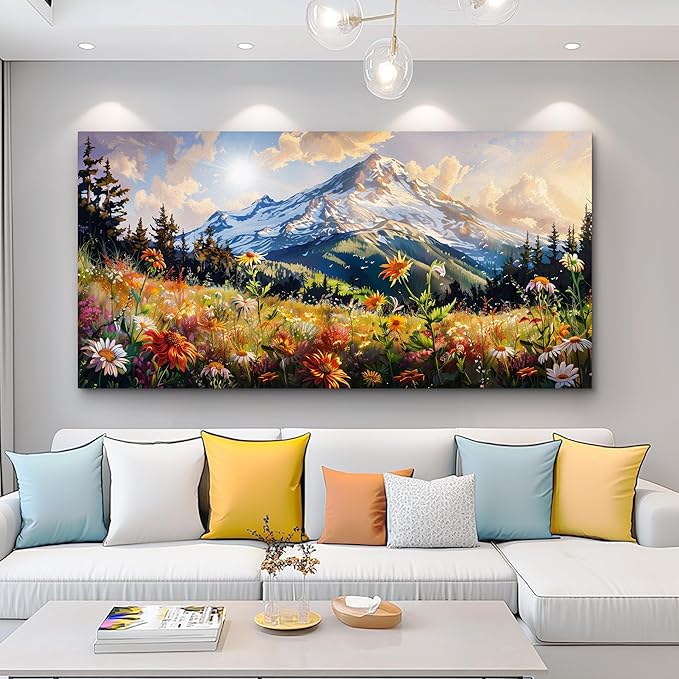 FUHAIHUA Canvas Wall Art For Living Room Framed Wall Decor For Bedroom Modern Office Wall Decoration Mountain Flower Landscape Paintings Farmhouse Pictures Artwork Aesthetic Home Decor 20x40 In