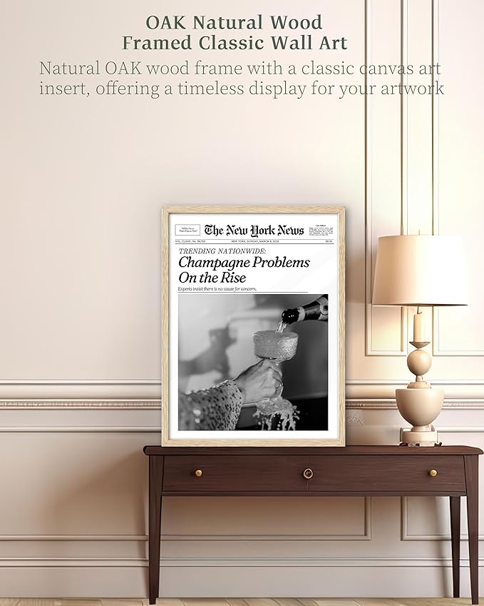 iHery Champagne Problems On the Rise Newspaper Headline Framed Wall Art, Natural OAK Wood Trendy 12x16 in Canvas Wall Art Décor For Bedroom Living Room Bathroom Set of 1