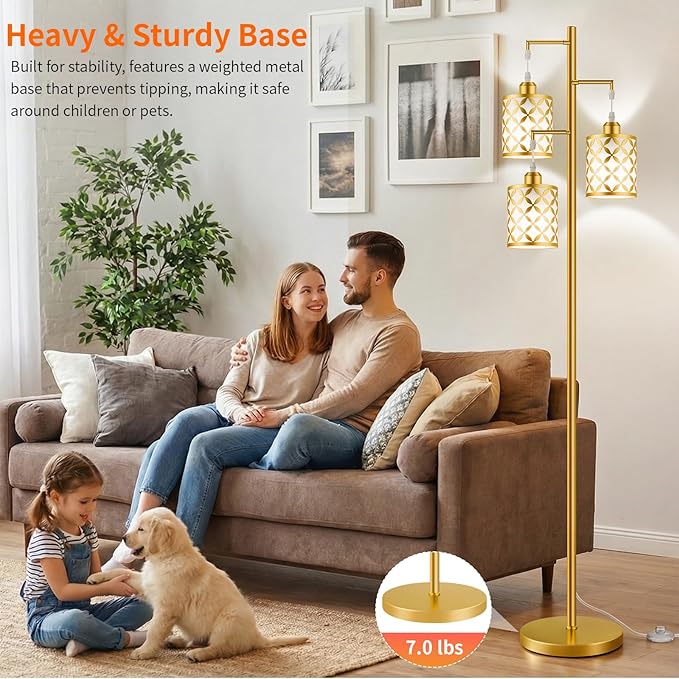 New Upgraded 72" Tall Dimmable Floor Lamp with 3 x 1100LM 12W Bright LED Bulbs, Farmhouse Standing Lamp with Remote Control, Industrial Tree Pole Floor Lamps for Living Room, Bedroom, Office - Gold
