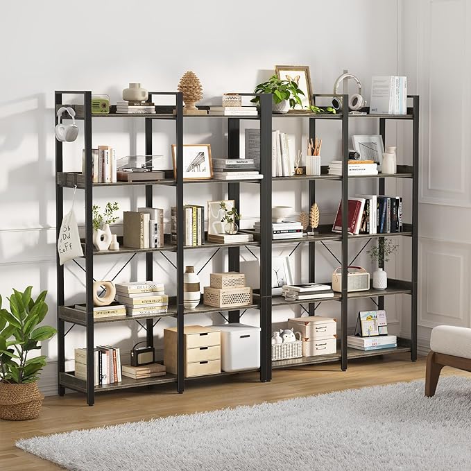 Seventable Bookshelf 5 Tier with 4 Hooks，63”Industrial Wooden Bookcase, Vintage Storage Rack with Open Shelves, Rustic Standing Bookshelves Metal Frame 43.3” Wide Display Rack, Gray