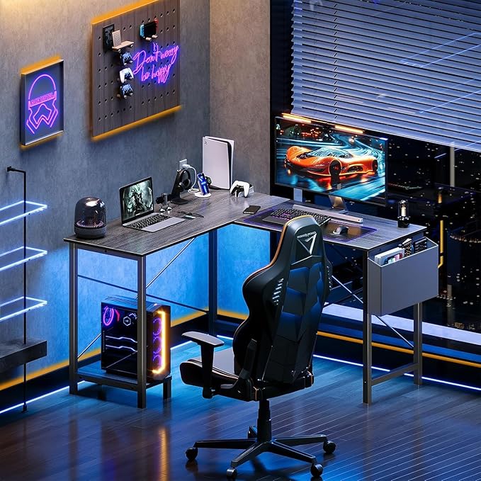 Sweetcrispy L Shaped Desk Computer Gaming Corner Table 51 Inch Home Office Writing Student Work PC Workstation with Side Storage Bag CPU Stand for Bedroom Small Spaces
