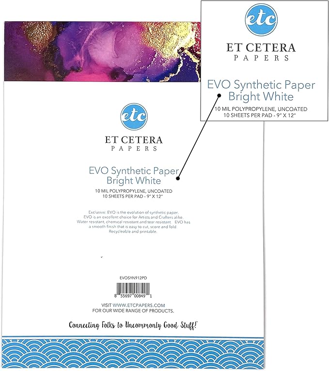 Alcohol Ink Paper - Non-Absorbent, Heavy Weight & Tear Resistant - Forgiving - Many Inks Wipe Off Clean For Easy Reuse On White - Flexible Bright White EVO 9x12 Inch (10 Sheets)
