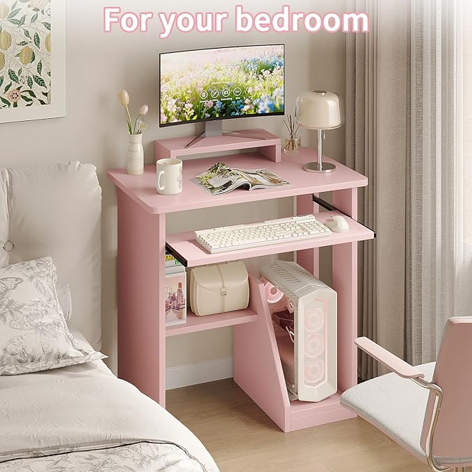 ALISENED 30" Small Computer Desk with Keyboard Tray Monitor Stand, Study Writing Desk with Storage Shelves, Modern Workstation for Small Spaces, Save Space, Pink