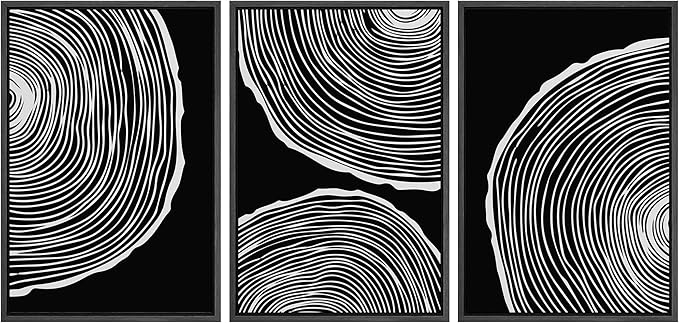 SIGNLEADER Framed Canvas Print Wall Art Set Duotone Geometric Wood Ring Circle Collage Abstract Shapes Illustrations Modern Art Boho Decorative for Living Room, Bedroom, Office - 16"x24"x3 BLACK