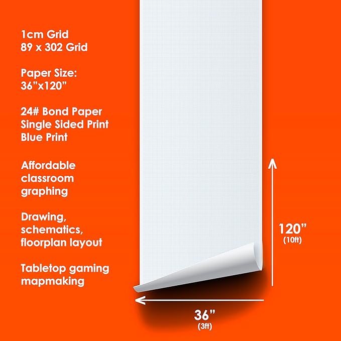 Geyer Instructional Products - 36" x 120" Large Graph Paper Roll, 1cm Blue Grid, Ideal for School Classroom Graphing, Designing Blueprints and Floorplans, Tabletop Gaming and Custom Mapping
