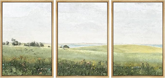 SIGNWIN Framed Canvas Print Wall Art Set Green Pasture Countryside Flower Field Nature Abstract Illustrations Modern Art Decorative Nordic for Living Room, Bedroom, Office - 16"x24"x3 Natural