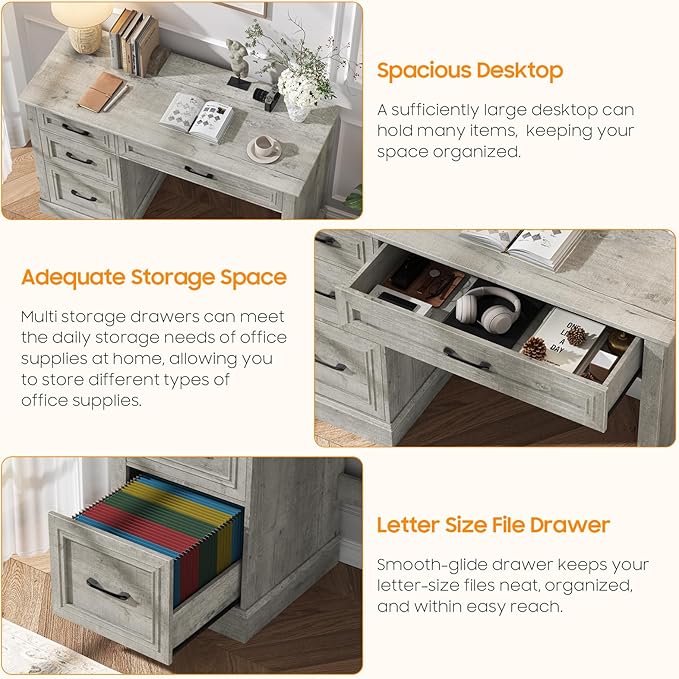 Farmhouse 47" Executive Desk with 3 Drawers and Adjustable File Drawer, Workspace for Home Office and Study, Grey.