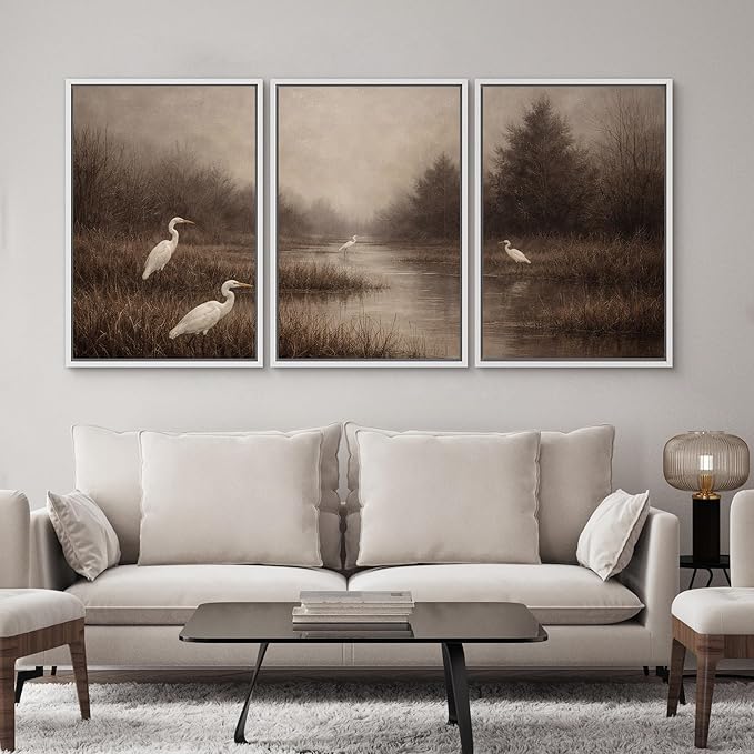 SIGNWIN Framed Canvas Print Wall Art Set Misty Marsh Herons Illustrations Decorative Relax/Calm Zen for Living Room, Bedroom, Office - 16"x24"x3 WHITE