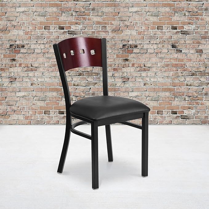Flash Furniture 2 Pk. HERCULES Series Black 4 Square Back Metal Restaurant Chair - Mahogany Wood Back, Black Vinyl Seat
