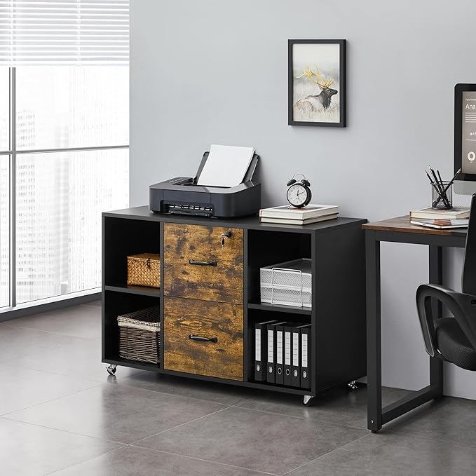 Topeakmart 2 Drawer File Cabinet for Letter Size A4 Size, Large Mobile Lateral Filing Cabinet Printer Stand with 4 Storage Compartments for Home Office (Black/Rustic Brown)