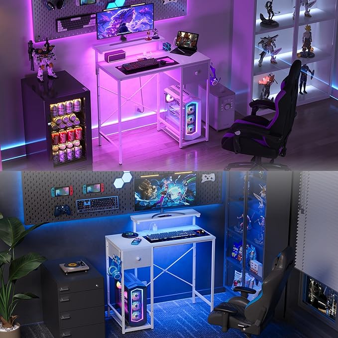 X-cosrack 33.5" Small Gaming Desk with LED Lights & Power Outlets, Compact Computer Desk with Monitor Stand & CPU Stand, Gamer Table with Storage Drawer, Side Hooks for Home Office, Bedroom, White