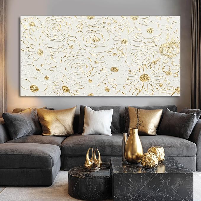 YJYart White Minimalist Wall Art, Canvas Textured Painting,Gold Flowers Floral Modern Abstract Art Wall Decor for Bedroom,Living Room And Office Hallway 29"x58"