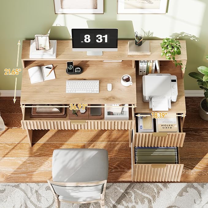 Vabches Fluted Computer Desk with Drawers, Home Office Desk with Power Outlets, Printer Stand and Storage Cabinet, Study Writing Desks with Long Monitor Stand, Oak