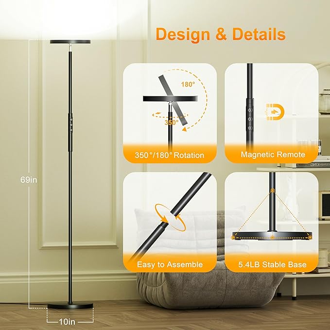 RGB Torchiere Floor Lamps for Living Room, 3600LM 36W Bright LED Standing Lamp with Remote, Modern Color Changing Tall Lamp with Stepless Dimming, 69" Corner Floor Lamp for Bedroom, Office