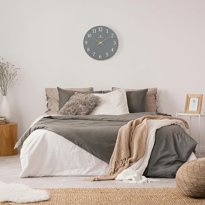 Lafocuse 12 Inch Wooden Gray Wall Clock Battery Operated Silent Non-Ticking, Modern Simple Wall Clock for Living Room Decor Kitchen Bedroom Office