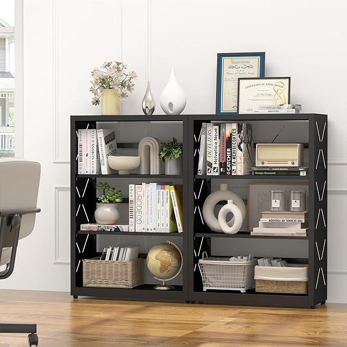 3 Tier Bookshelf, 34"Tall Metal Bookcase with Adjustable Shelves, Modern Display Book Shelf, Black Bookcase Shelf, Utility Shelf, Storage Shelves for Office, Living Room, Kitchen, Study-23"W