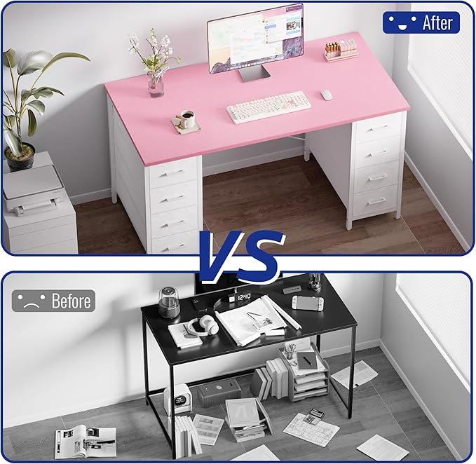 Pamray 47 Inch Computer Desk with 8 Fabric Drawers PC Gaming Desk Home Office Study Work Writing Table for Bedroom Red