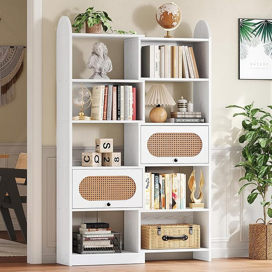 IRONCK 6 Tier Bookshelf, Bookcase with 2 Rattan Flip-Top Cabinets, 8-Cube Storage Organizer Shelf for Living Room, 43.3" White