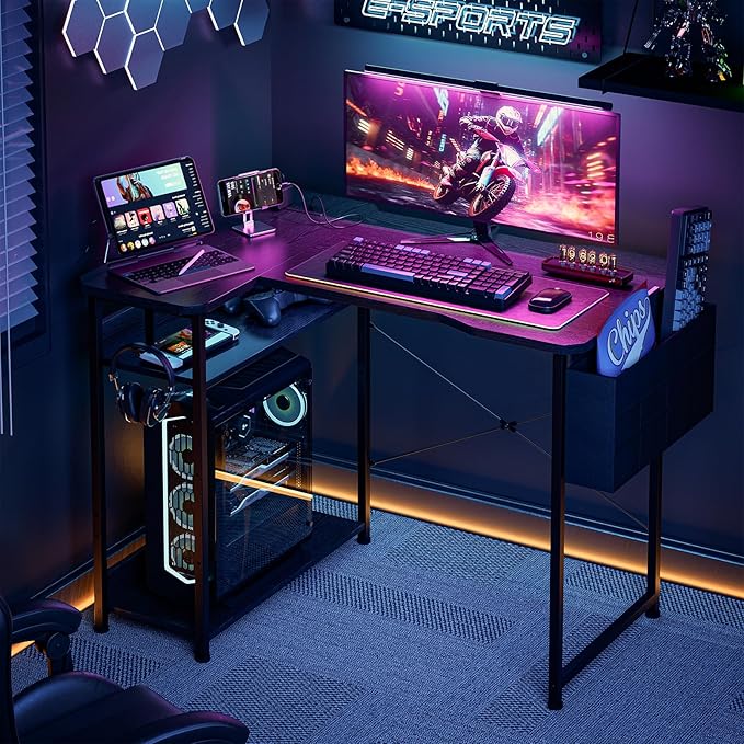 Small Gaming Desk with Power Outlets, 40 Inch L Shaped Desks with Reversible Shelves and Storage Bag,Computer Desk Corner Desk PC Desk for Gaming and Home Office Table,Black