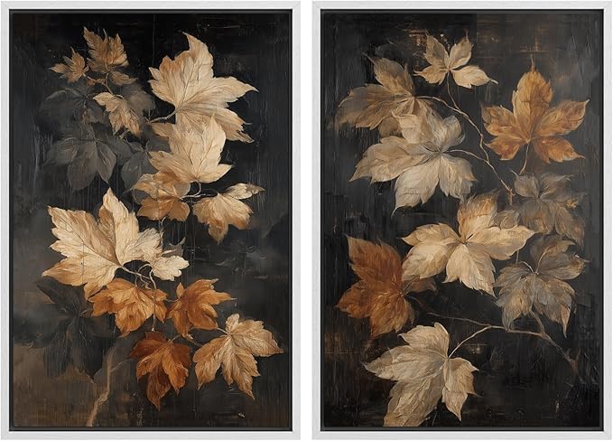 SIGNWIN Framed Canvas Print Wall Art Set Golden Brown Botanical Leaves Vintage Nature Illustrations Modern Art Minimal Boho Relax/Calm for Living Room, Bedroom, Office - 16"x24"x2 White