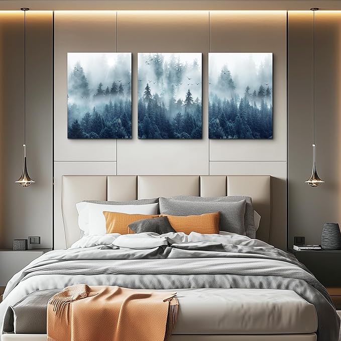 Wall Decorations For Living Room 3 Piece Framed Canvas Wall Art For Office Large Size Wall Decor Misty Forests Trees Wall Painting Landscape Pictures Artwork For Room Modern Wall Posters Home Decor