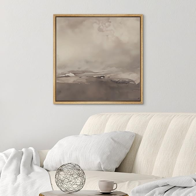 SIGNWIN Framed Canvas Print Wall Art Cloudy Sky Neutral Soft Beige Atmospheric Landscape Illustration Modern Art Decorative Nordic Minimal Calm/Zen for Living Room, Bedroom, Office - 24"x24" Natural