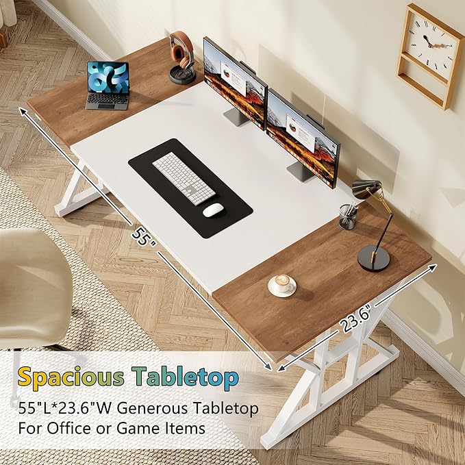 TVU Computer Desk, 55 inch Large Office Desk, Study Writing Table with Thicken Frame, Gaming Desk, Modern Simple Desk for Home Office, Brown/White