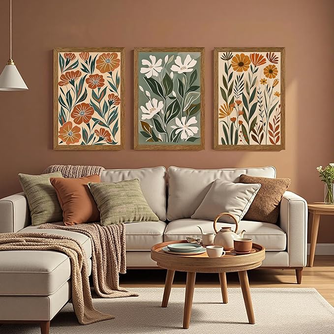 InspiredHues 3 Piece Large Abstract Boho Floral Canvas Wall Art, Green Beige Flower Market Wall Decor, Minimalist Colorful Botanica Art Prints for For Living Room Bedroom Office 20x30 Inch Wood Framed