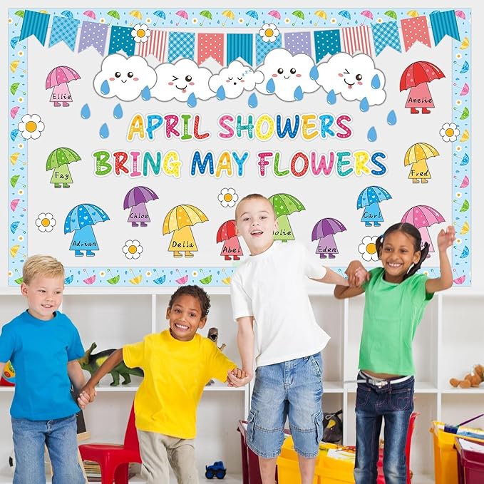 gisgfim April Showers Bring May Flowers Bulletin Board Set Spring Easter Classroom Decorations Colorful Umbrella Clouds Floral Paper Cutouts for School Home Nursery Chalkboard Door Wall Decor