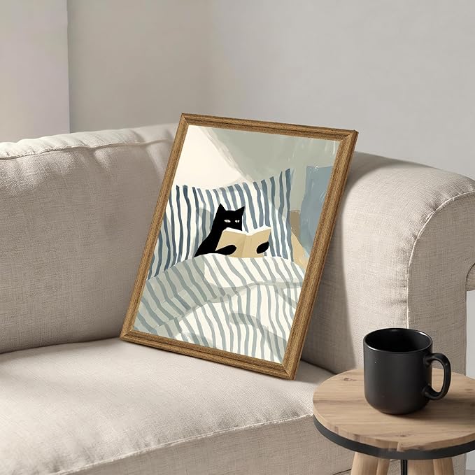 Fantasy Artists Black Cat Reading in Bed Wall Art, Quiet Character Illustration with Soft Neutral Tones, Calm Lifestyle Canvas Print for Bedroom, Reading Nook or Home Office, 12W x 16H
