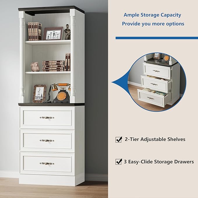 Bookshelf with Drawers, 71" Tall Wood Bookcase with Adjustable Shelf, 24" Wide Book Shelf, Floor Standing Display Storage Cabinet for Home Office, Study and Living Room, Antique White