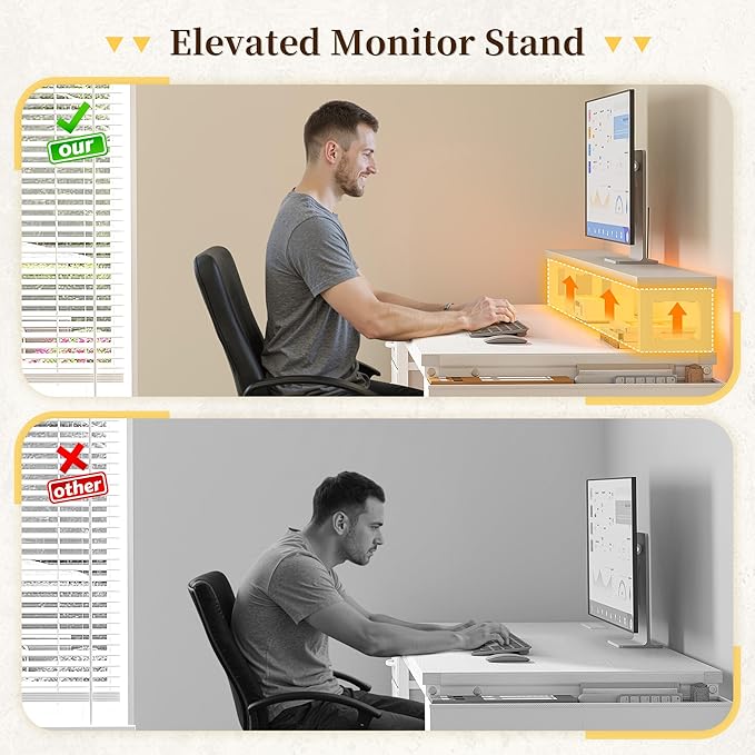 55" Gaming Desk with LED Strip, Computer Desk with Drawers & Storage Bag, Office Desks with Power Outlets & Monitor Stand, Office Desk for Bedroom, Gaming Room, White