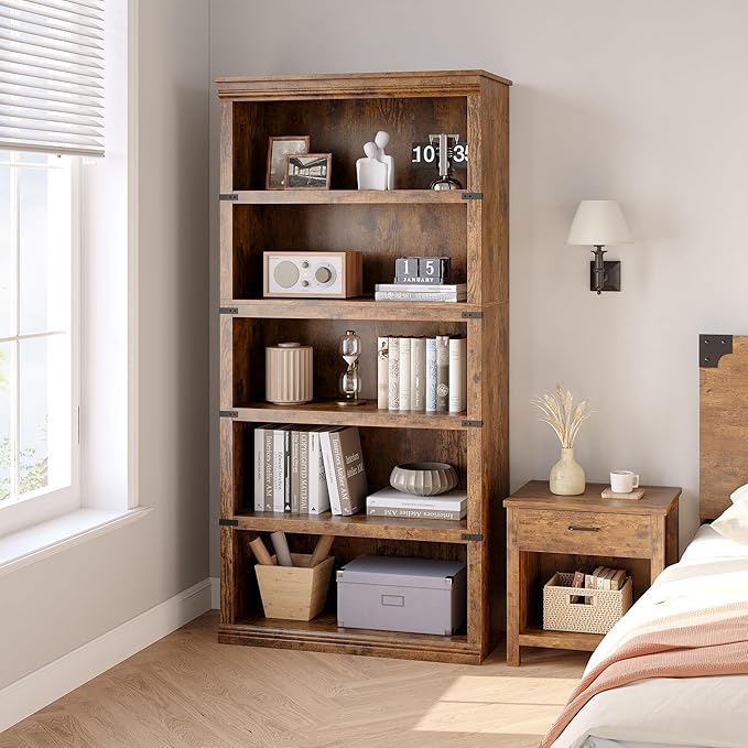 GAOMON 5 Tier Bookcase, Farmhouse Book Shelf with Storage Open Display Bookshelves,67.4" Tall Book Case Wooden for Home Office, Living Room, Bed Room (Brown, 67.4" H x 31.5" W x 12.8" D)