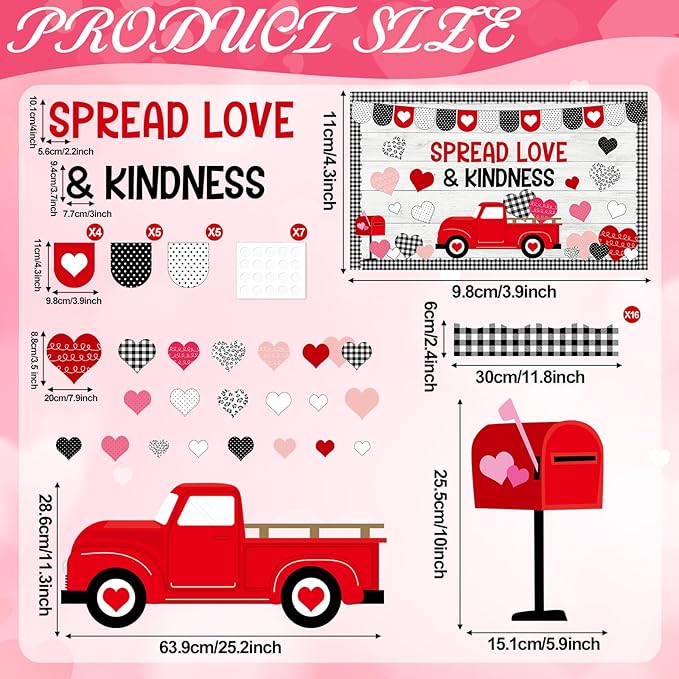Valentine's Day Bulletin Board Set Valentines Day Classroom Decorations Black White Paper Cutout Love Red Truck Heart Bulletin Board Border for School Chalkboard Door Supplies