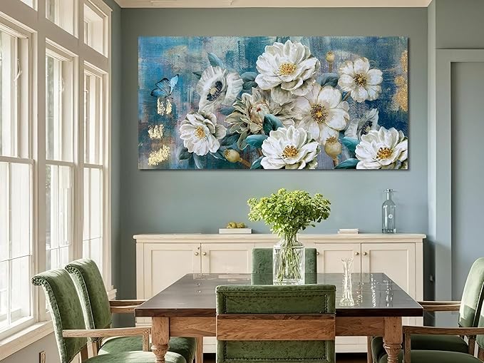 Arjun Big Size Flower Canvas Wall Art for Bedroom, White Elegant Teal Large Picture Textured Floral Magnolia Aesthetic Painting Living Room Wall Decor Turquoise Artwork Home Office 58"x29"