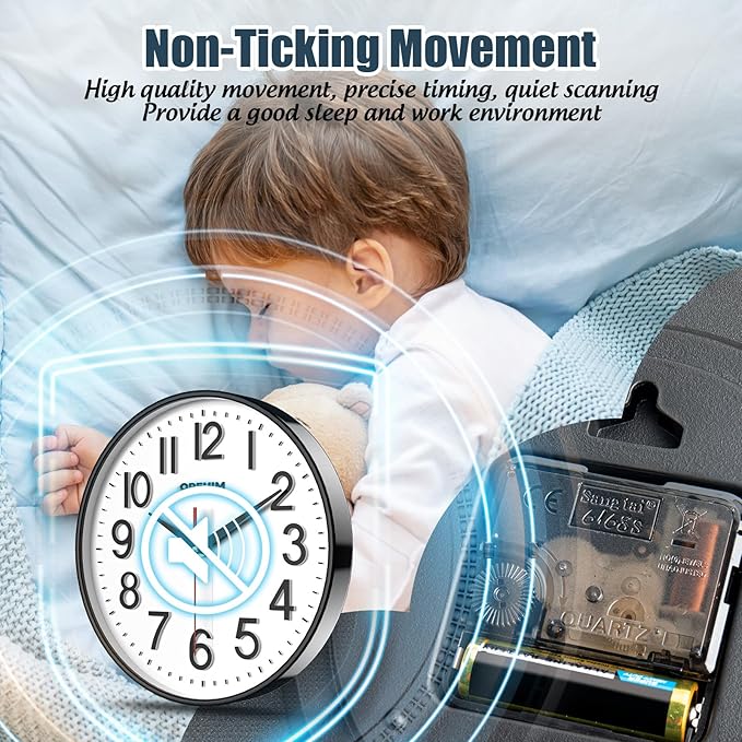 Wall Clock Wall Clocks Silent Non-Ticking Battery Operated Large Easy to Read with Stereoscopic Dial Ultra-Quiet Movement Quartz for Office Classroom School Home Kitchen