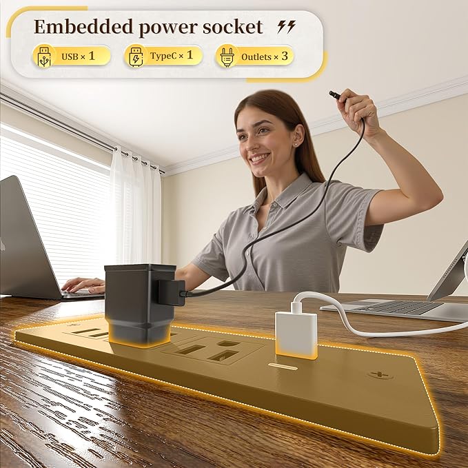 48" Computer Desk with LED Strip, Gaming Desk with Drawers & Storage Bag, Office Desk with Power Outlets & Monitor Stand, Home Office Desks for Bedroom, Gaming Room, Rustic Brown