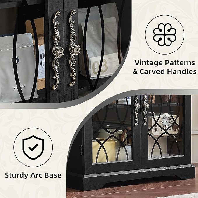 67" Tall Bookshelf, Vintage Book Shelf with Glass Doors, 5-Tier Wood Bookcase w/Adjustable Storage Shelves, Freestanding Rustic Curio Display Cabinet for Living Room, Office, Black, 2PCS