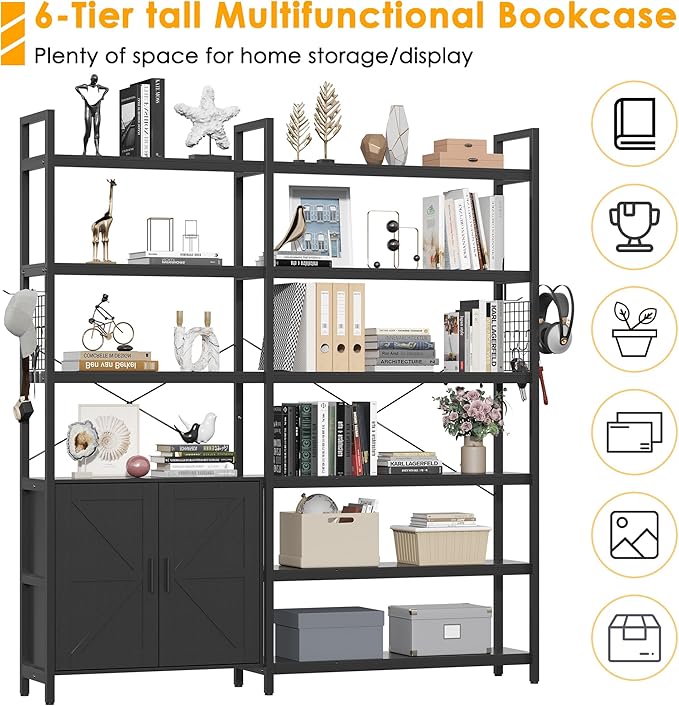 Semoic 6-tire Farmhouse Black Corner Book Shelf with 2 Barn Doors and 10 Storage Shelves, 71.3" Tall Convertible Etagere Bookcase with Storage Cabinet, Large L Shaped Bookshelf for Living Room(Black)