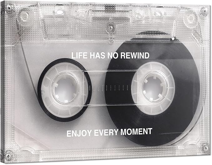 Yatsen Bridge Black and White Music Wall Art with Life Has No Rewind Enjoy Every Moment Motivation Words,Pop Culture Abstract Cassette Wall Painting Stretched and Framed Ready to Hang-18"X24"