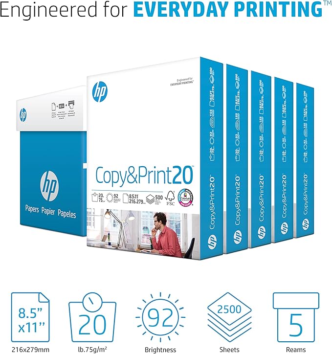 HP Printer Paper | 8.5 x 11 Paper | Copy &Print 20 lb | 5 Ream Case - 2500 Sheets| 92 Bright | FSC Certified| 200350C